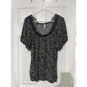 Gitano Women's Black Yellow Leaf Print Puff Sleeve Top Size 22/24W